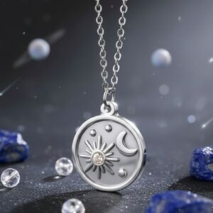 Celestial Sun & Moon Necklace 18K White Gold Plated Stainless Steel Medallion